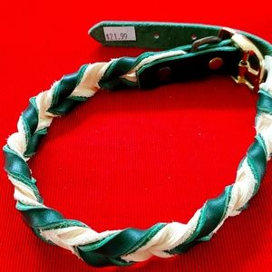 Brand New Leather Dog Collar Green/Whilte 20 inch